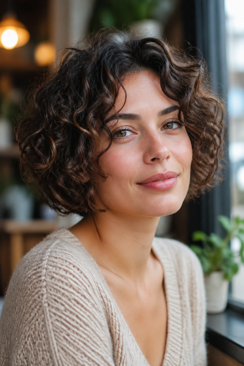 Close-up of real woman with chin-length layered bob and face-framing layers