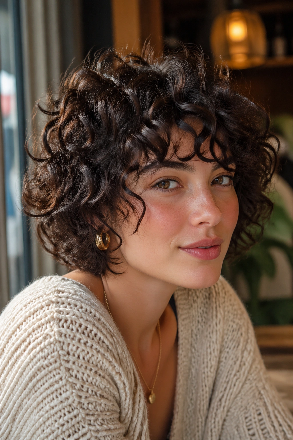 Portrait of a real woman with a chin-length curly shag, curls framing the face with definition