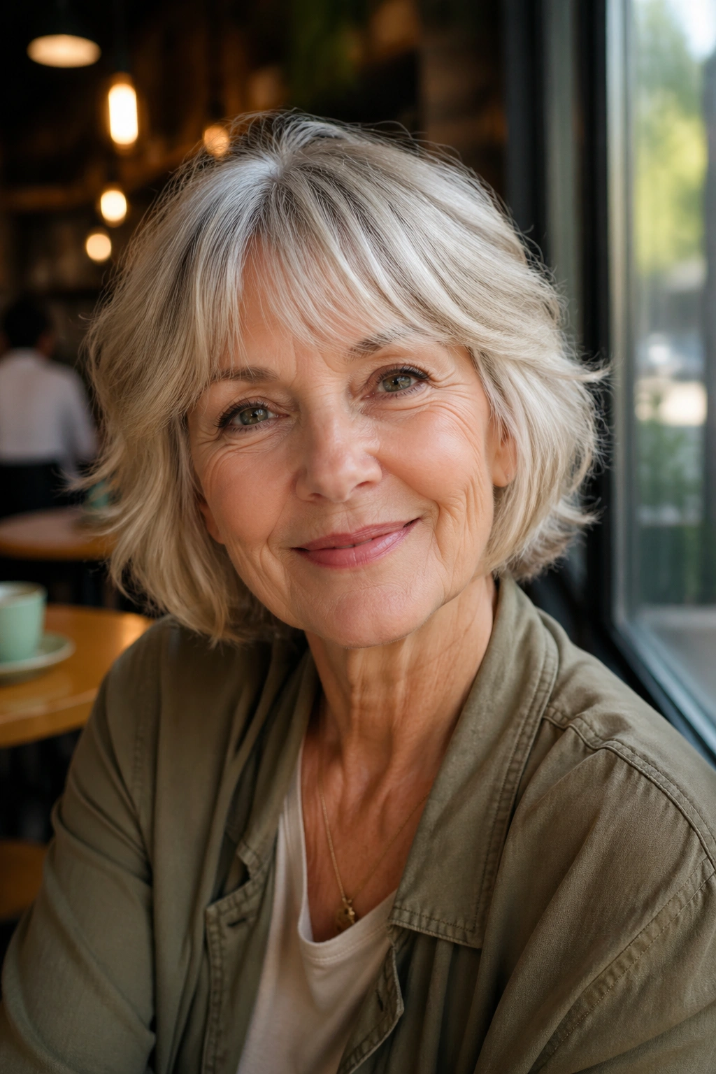 Real woman with chin-length shag and light fringe in sunlit cafe setting