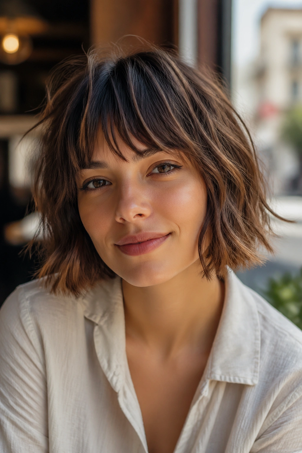 Close-up portrait of a real person with chin-length shag and soft fringe