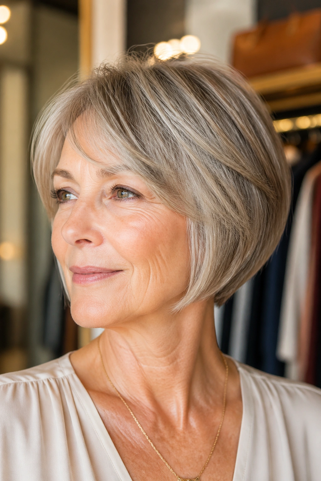Portrait of a woman with a chin-length wedge and tapered neck.