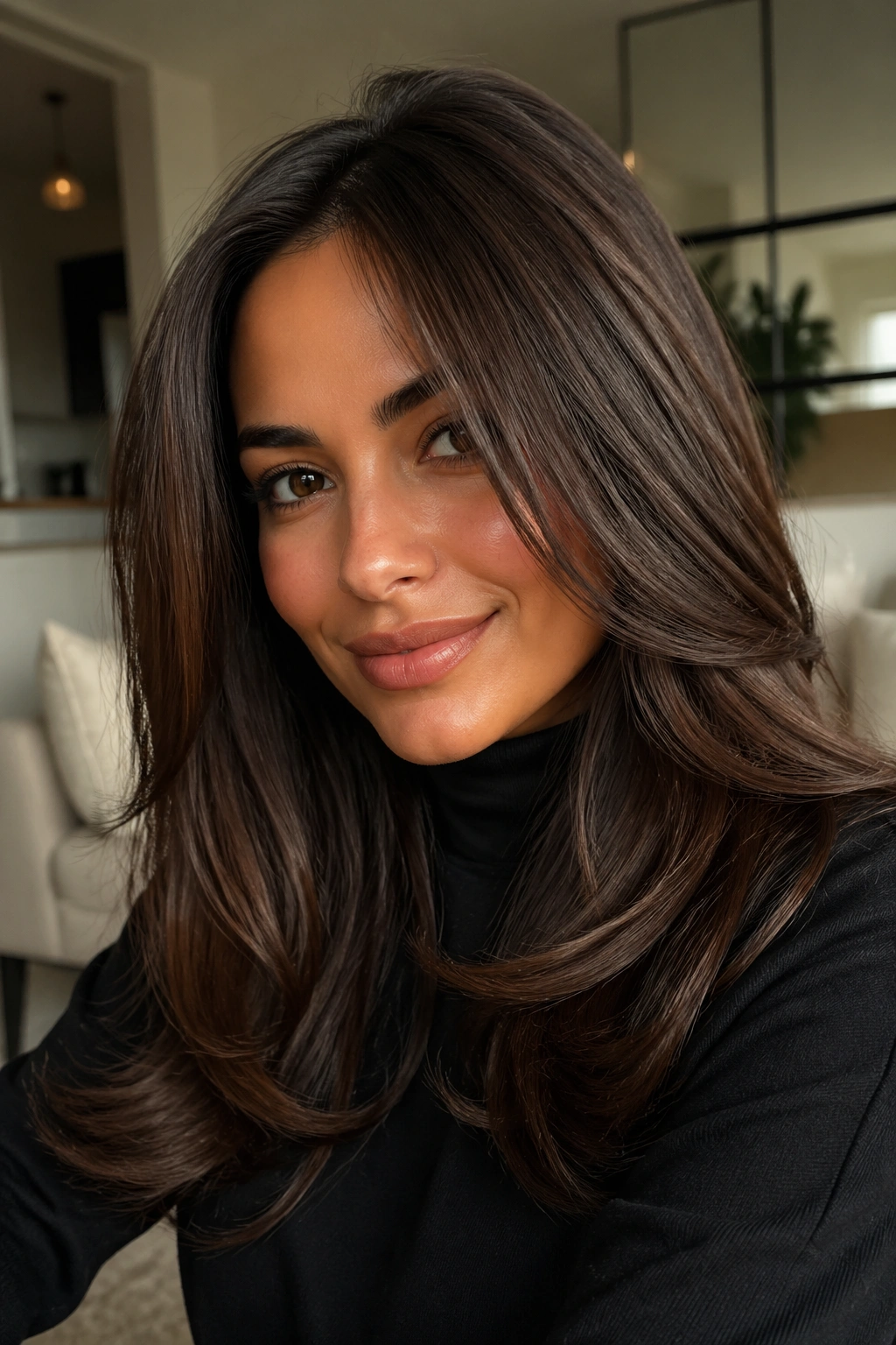 Close-up of a real woman with a glamorous chocolate brown blowout hairstyle