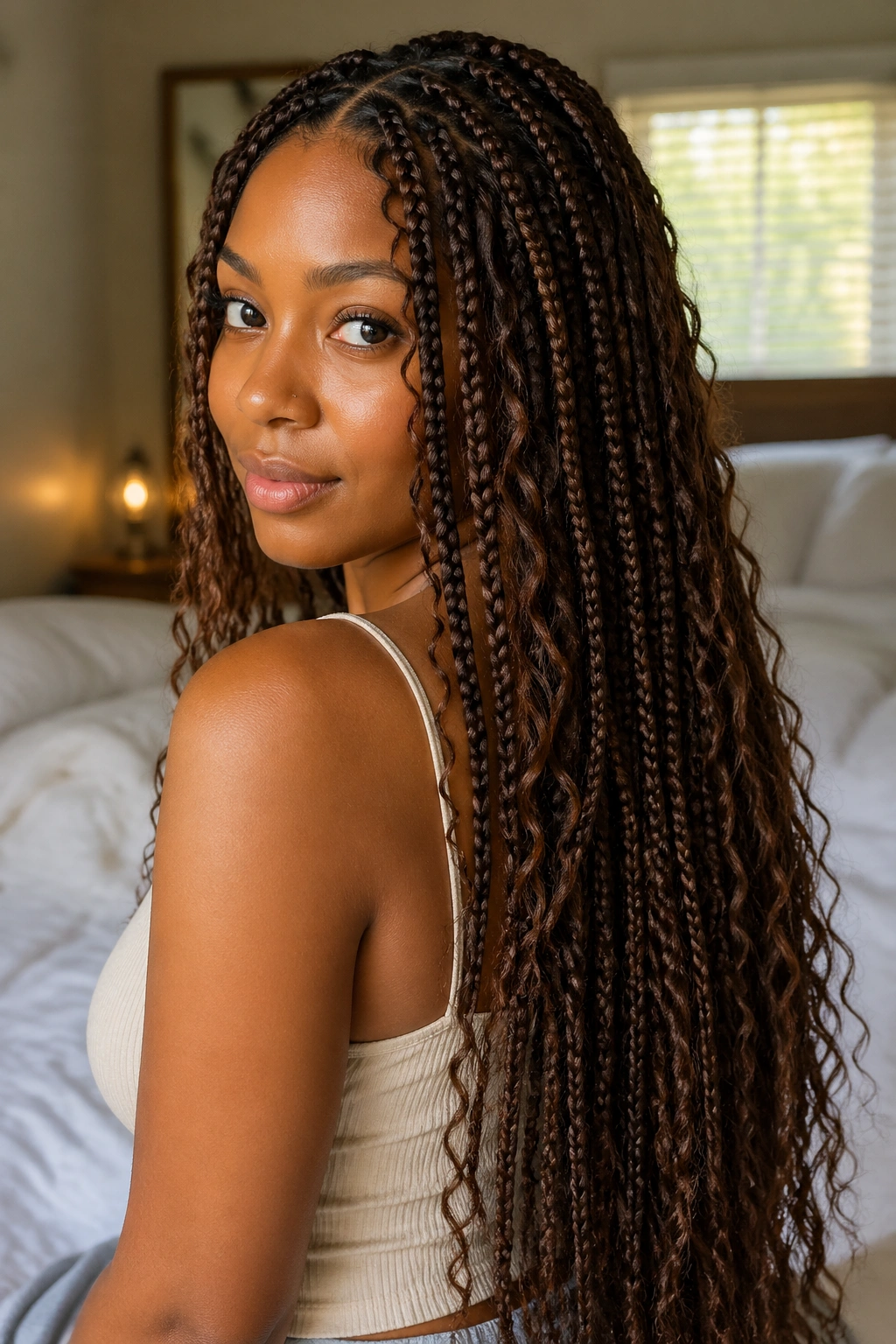 Close-up portrait of chocolate brown waist-length boho box braids on a real person, warm natural light