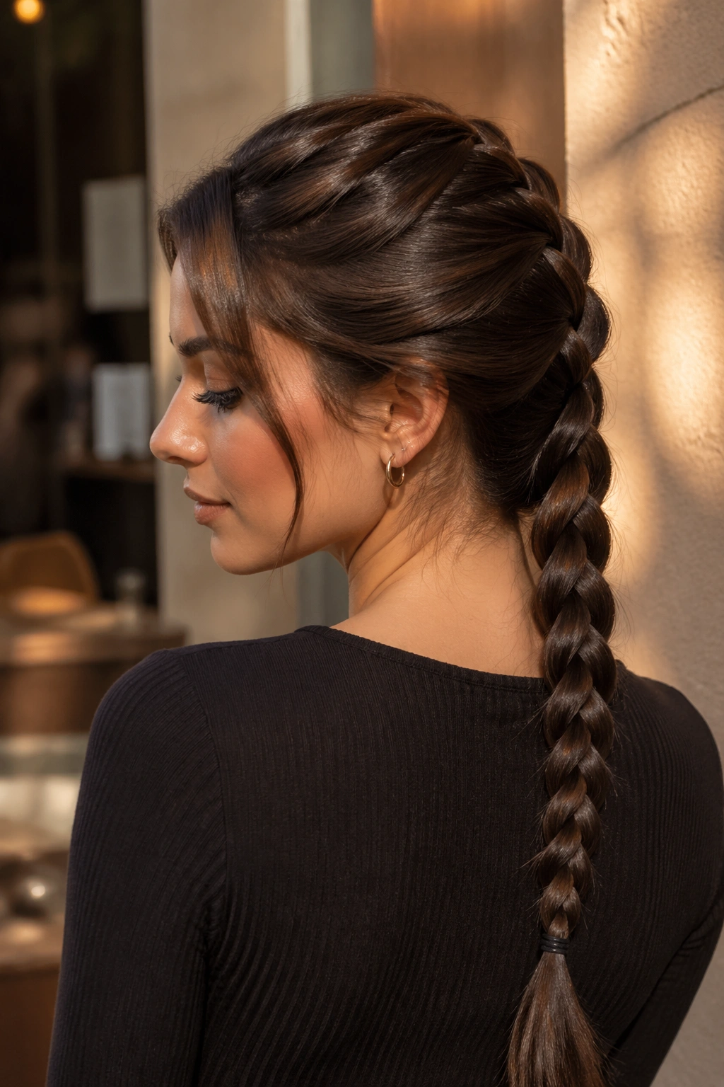 Close-up of a real woman with a chocolate brown braided ponytail against a warm cafe backdrop.