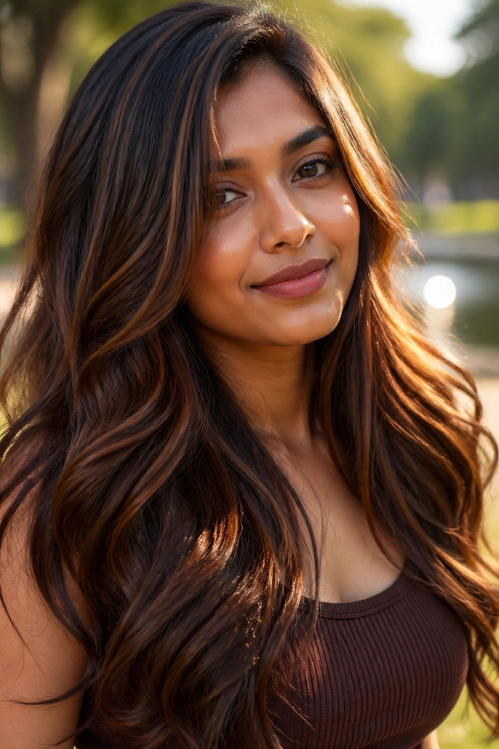 Close-up of chocolate brown hair with chestnut ribbons on a real person in golden hour light