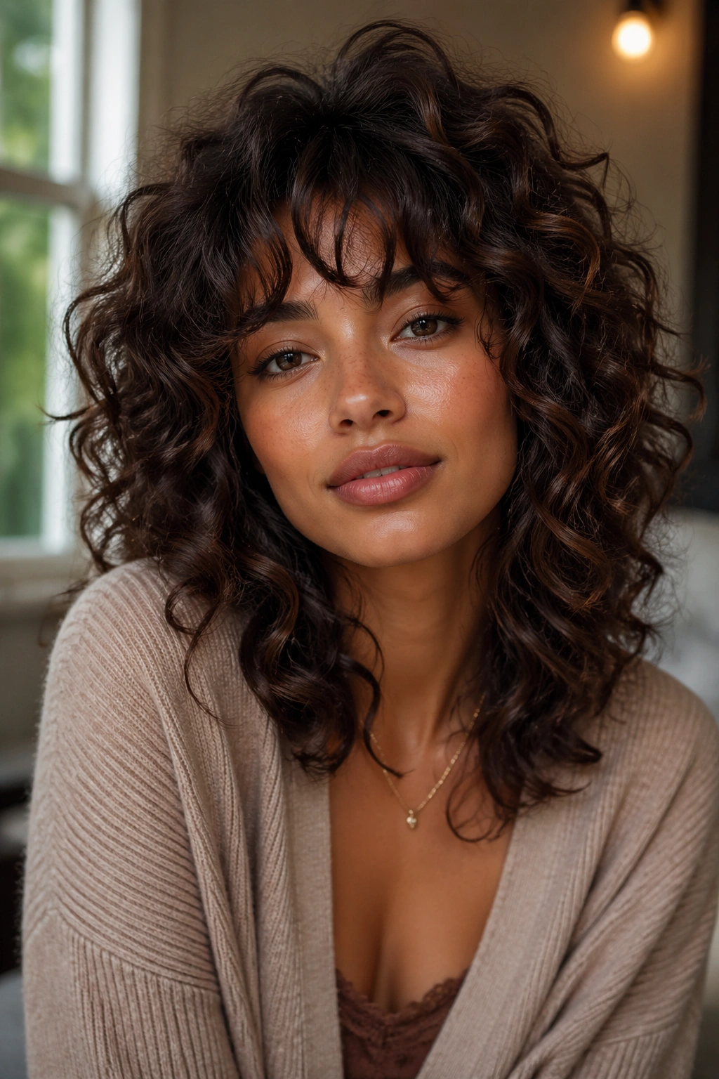 Close-up portrait of a real woman with chocolate brown curly shag in warm living room light