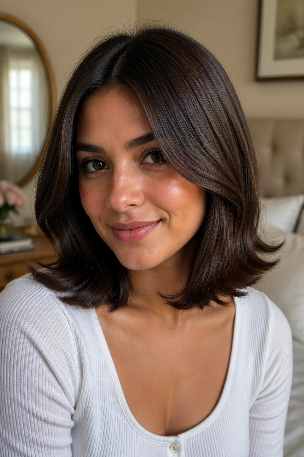 Close-up of a real woman with chocolate brown hair featuring flip ends in a warm bedroom setting.