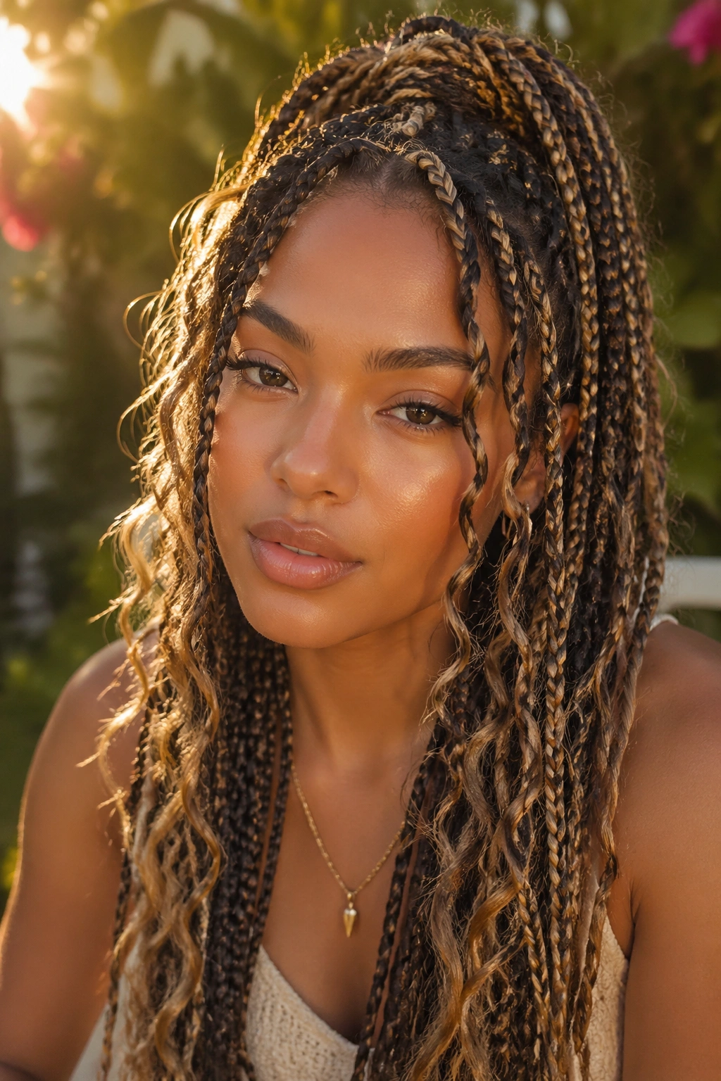 Real woman with chocolate brown and honey blonde boho braids outdoors at golden hour
