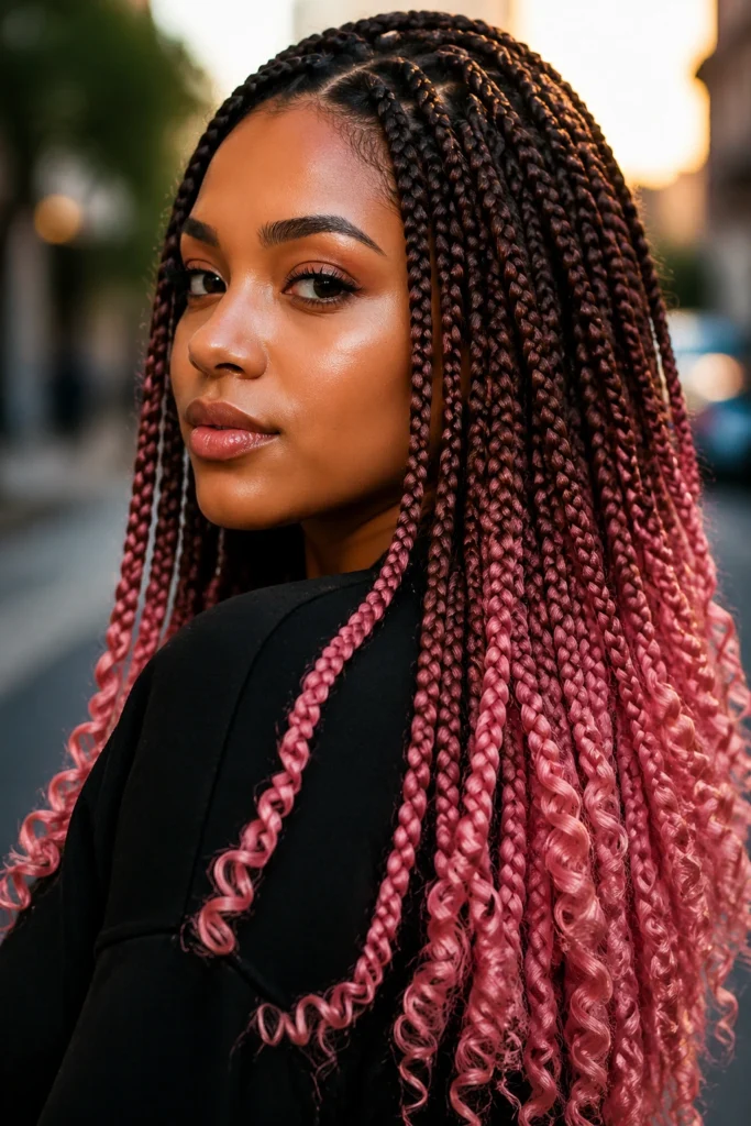 15 Brown and Pink Box Braids With Curly Ends