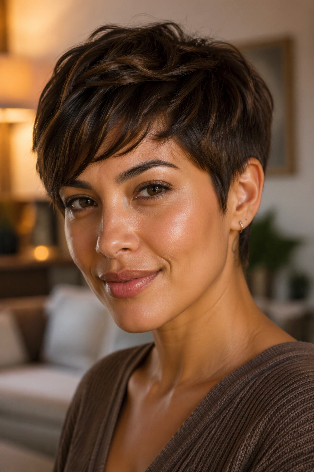 Close-up of a real person with a textured chocolate brown pixie cut in a warmly lit room.