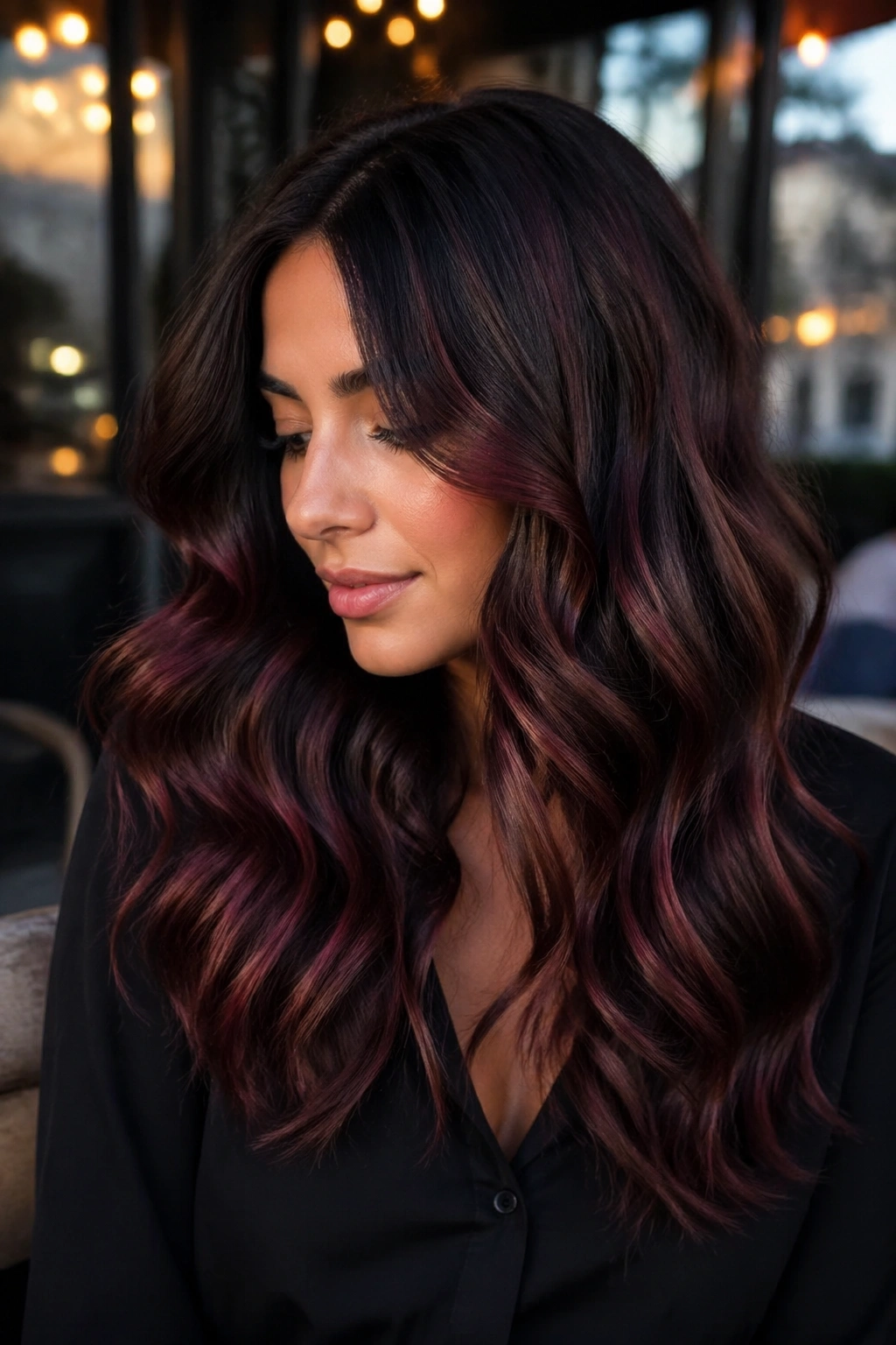 Close-up of a real woman with chocolate cherry balayage on waves