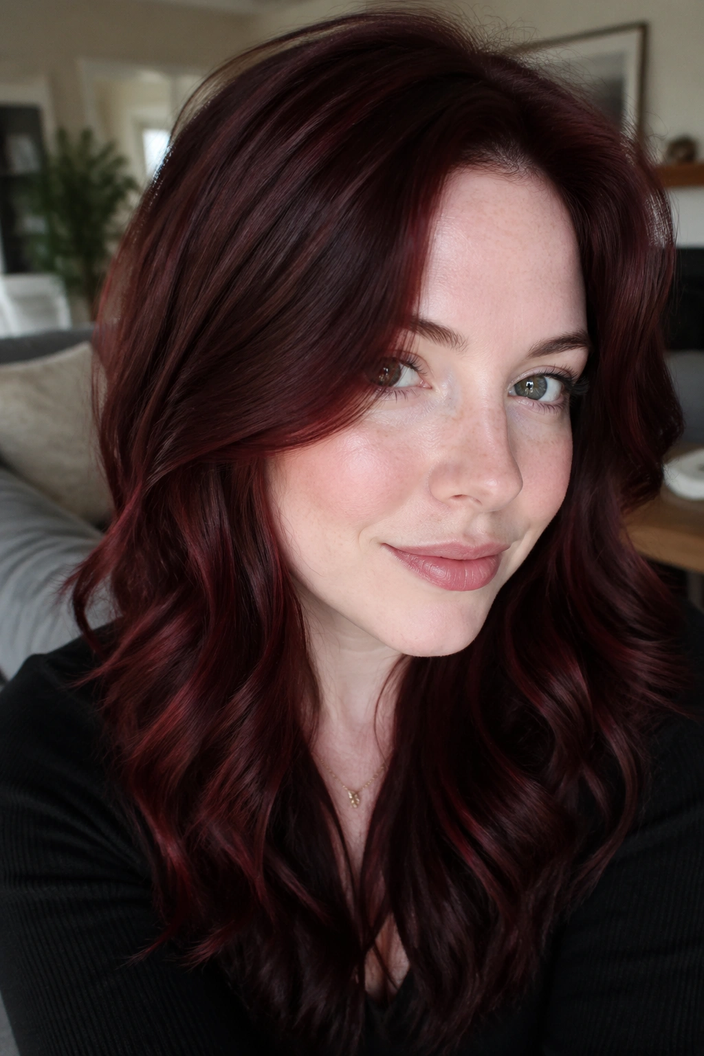 Close-up of a real woman with chocolate cherry hair (deep chocolate base with cherry-red highlights), natural window light.