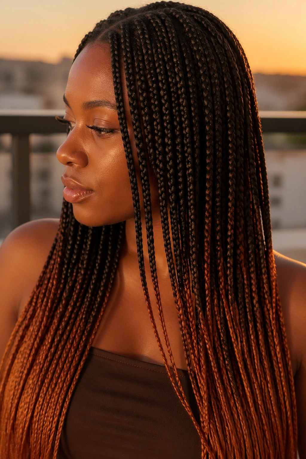 Knotless box braids from chocolate brown roots to copper ends in golden hour light