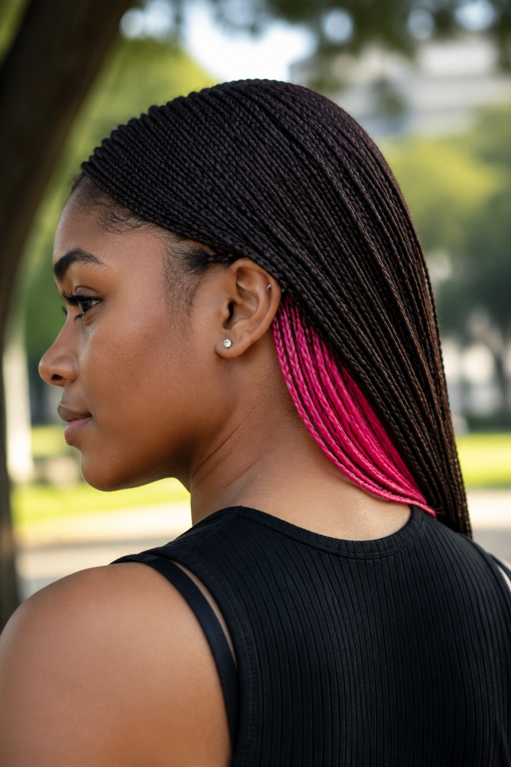 Portrait of a person with chocolate brown micro braids and neon pink nape panel