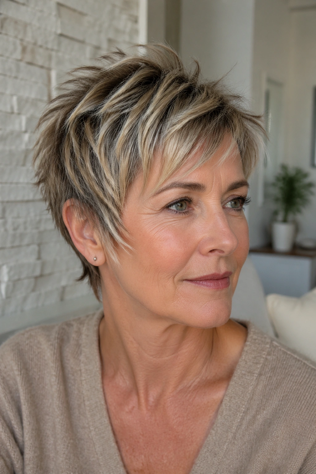 Close-up of a real woman with a choppy bixie and spiky ends.