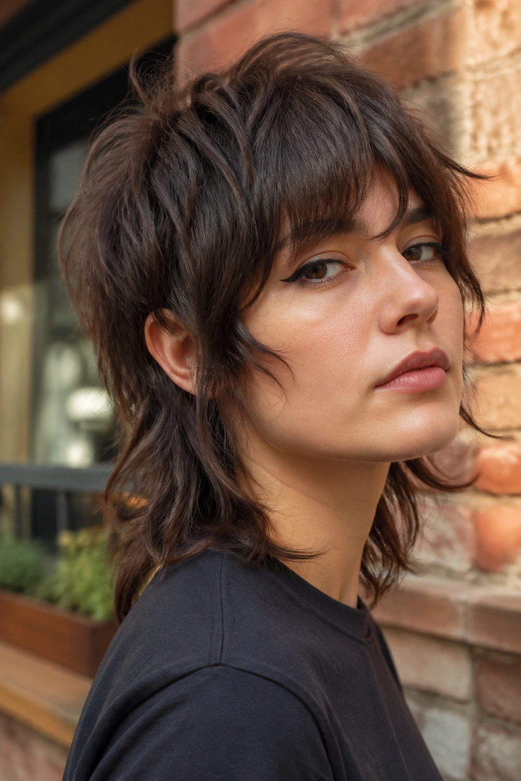 Close-up portrait of real person with choppy brunette mullet against brick wall