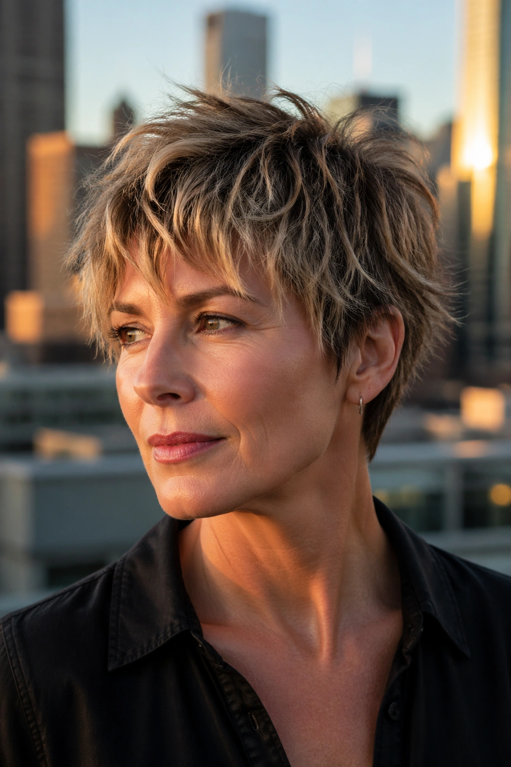 Close-up of real woman with choppy crop on rooftop at golden hour