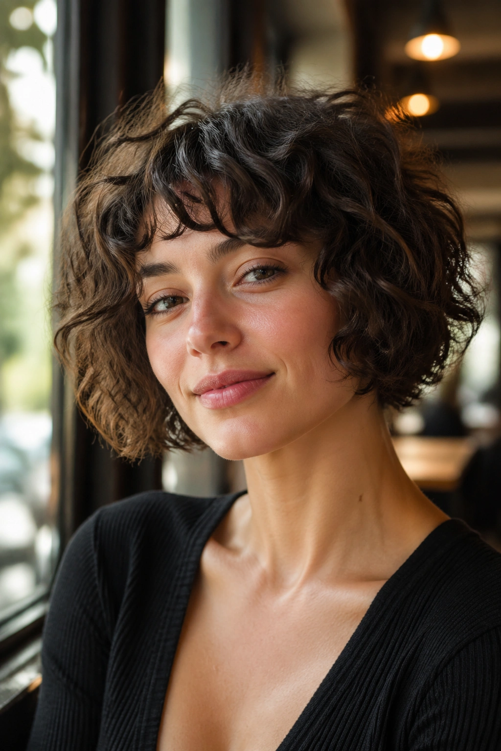 Close-up of a real woman with a choppy curly bob showing uneven ends and lively texture