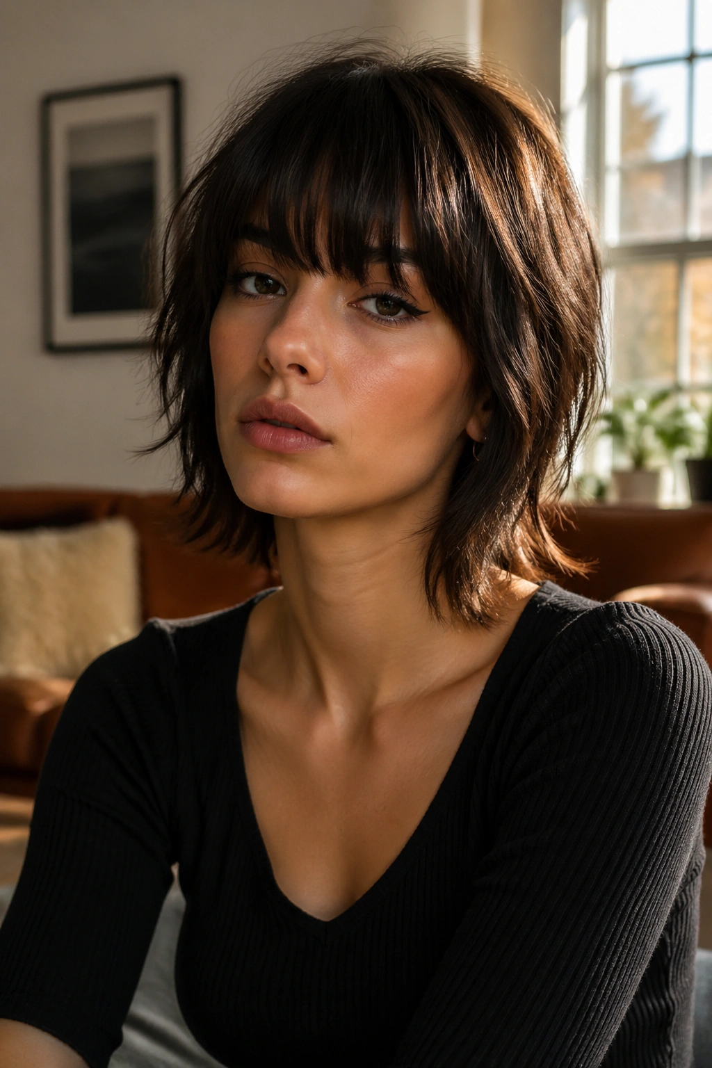 Close-up of a real person with a choppy cut and full fringe in a living room