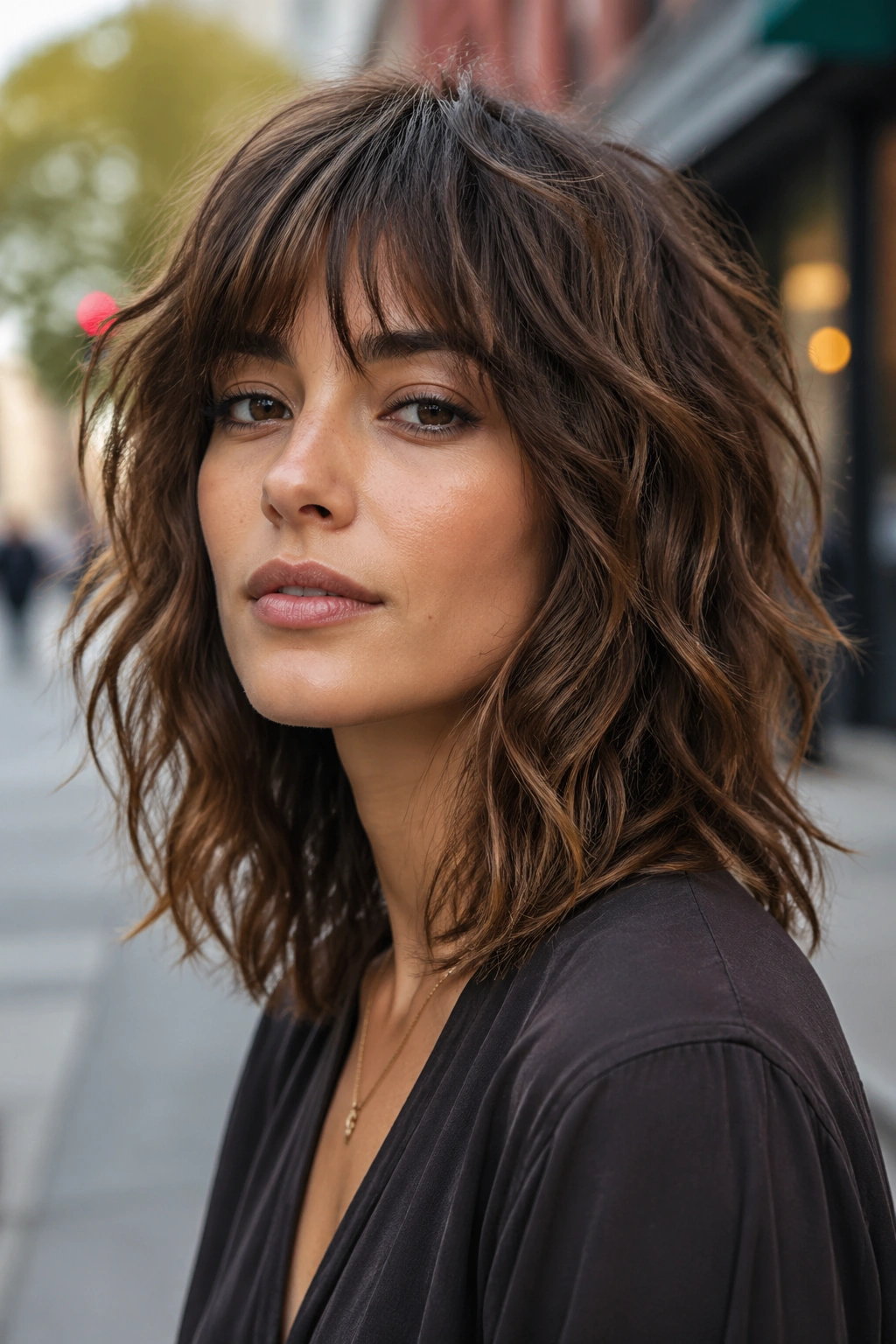 Close-up of a real person with choppy edge shag and textured waves.