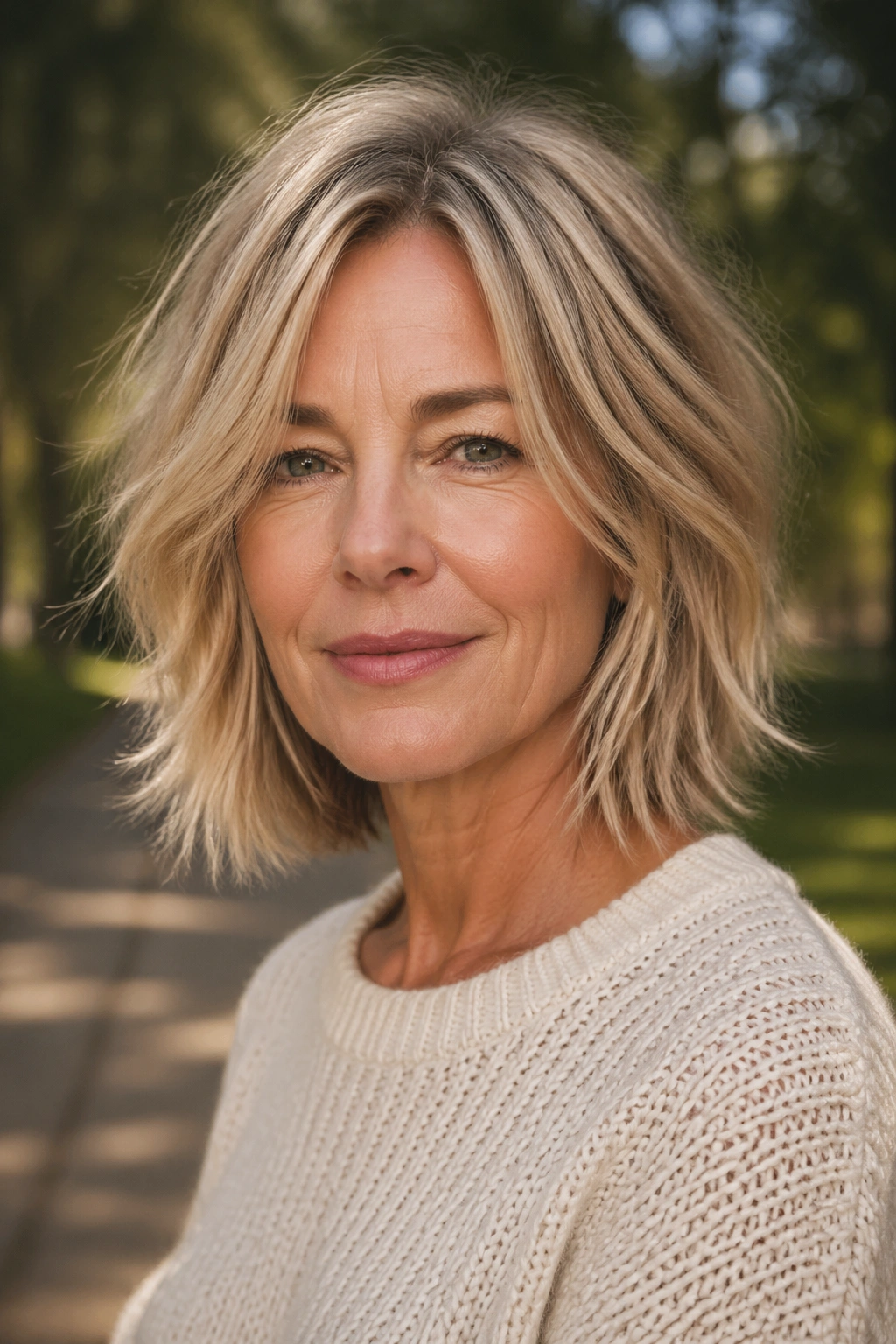 Close-up portrait of a real woman with a choppy lob and razored ends.
