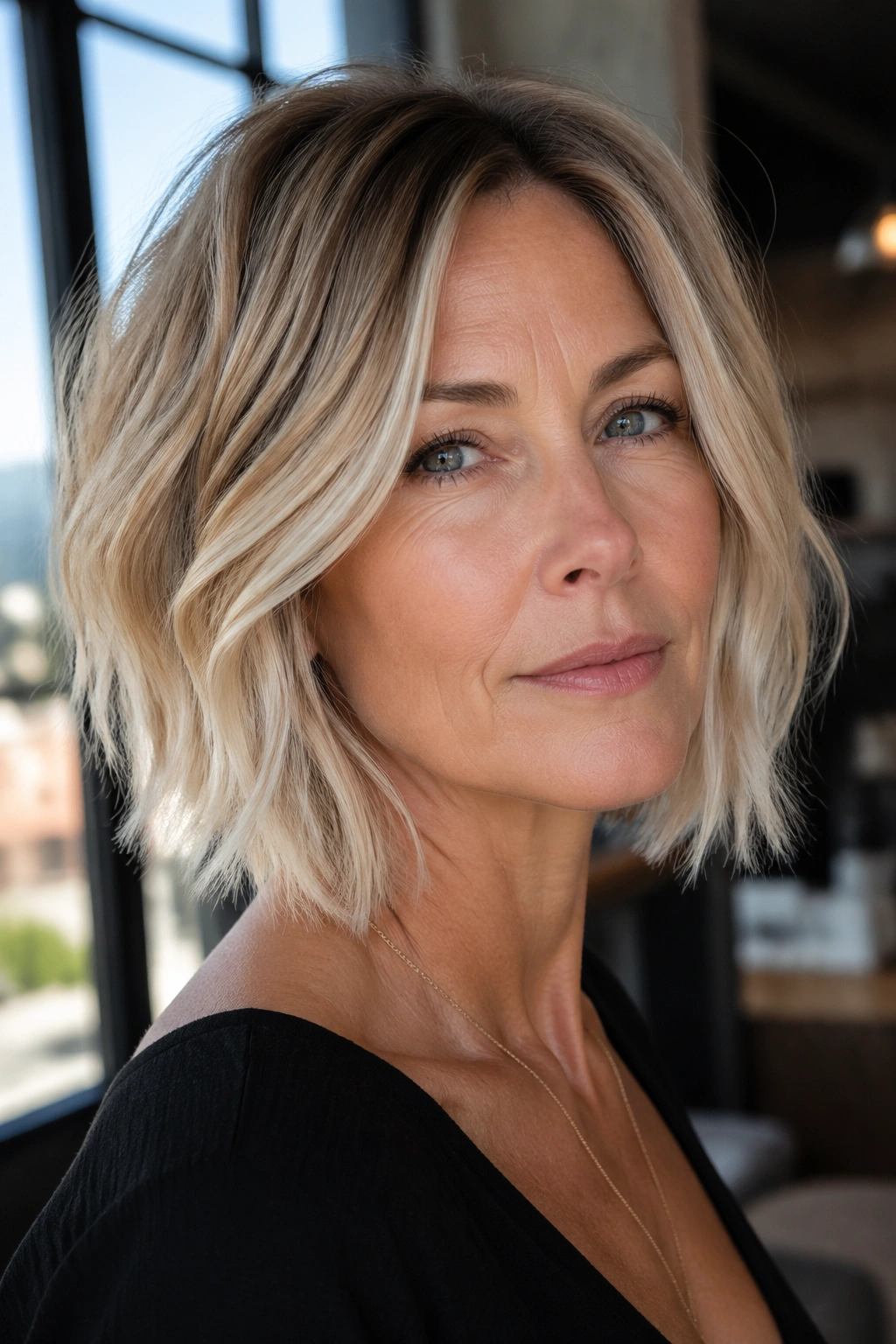 Portrait of real woman with choppy lob and white blonde ends in natural light