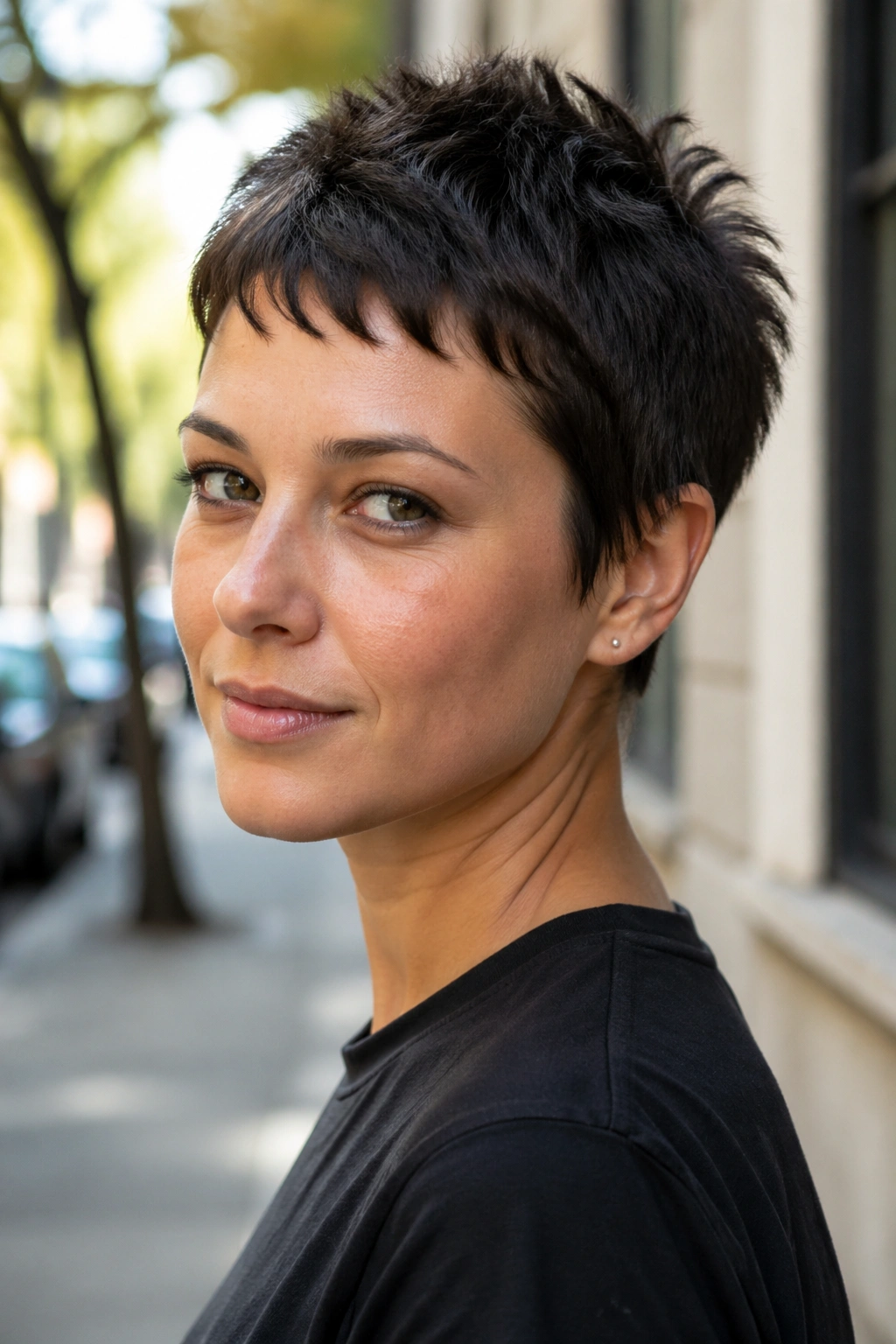 Close-up portrait of a real woman with a choppy micro pixie hairstyle