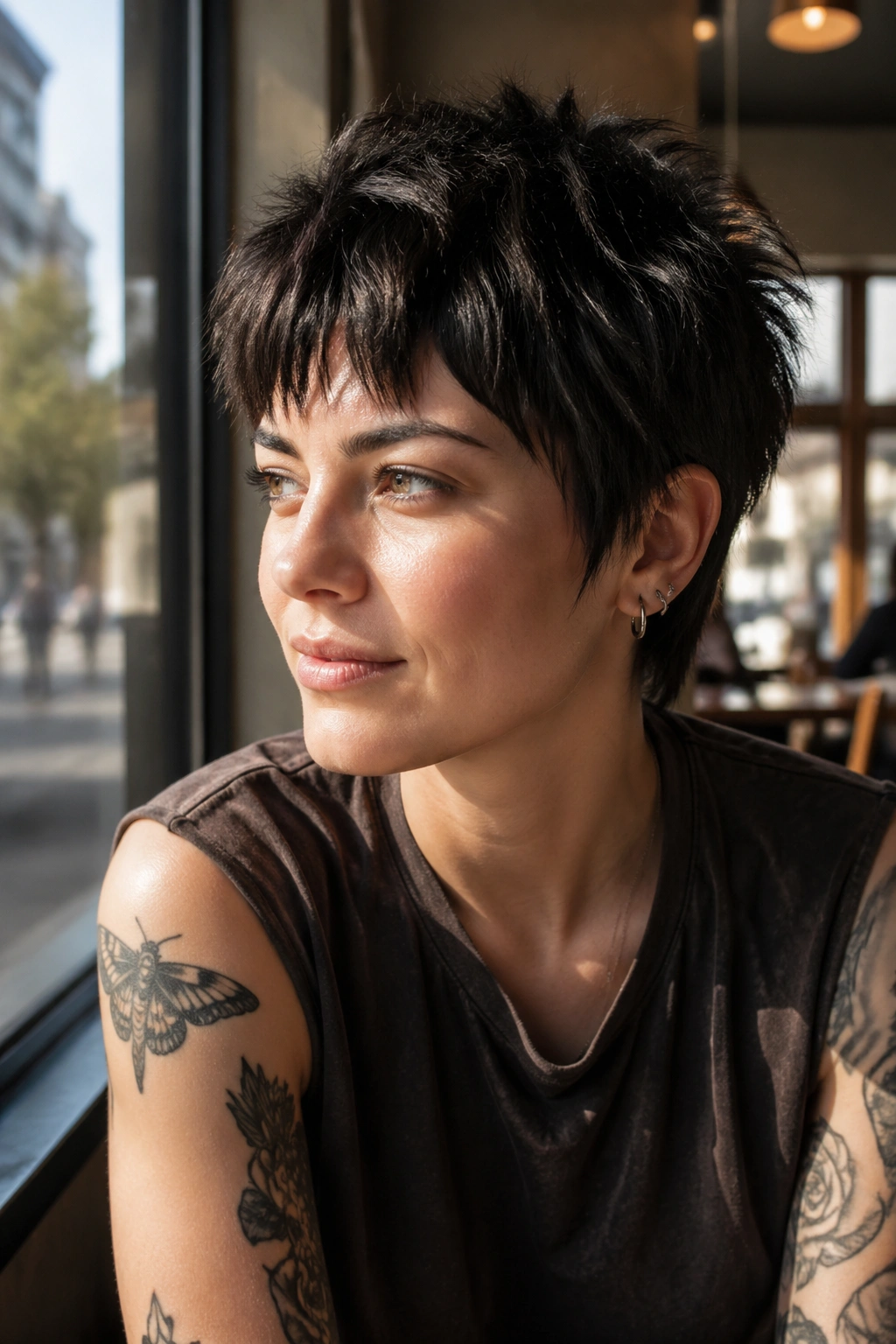 Close-up portrait of a real person with a choppy pixie and jagged fringe in sunlit cafe light