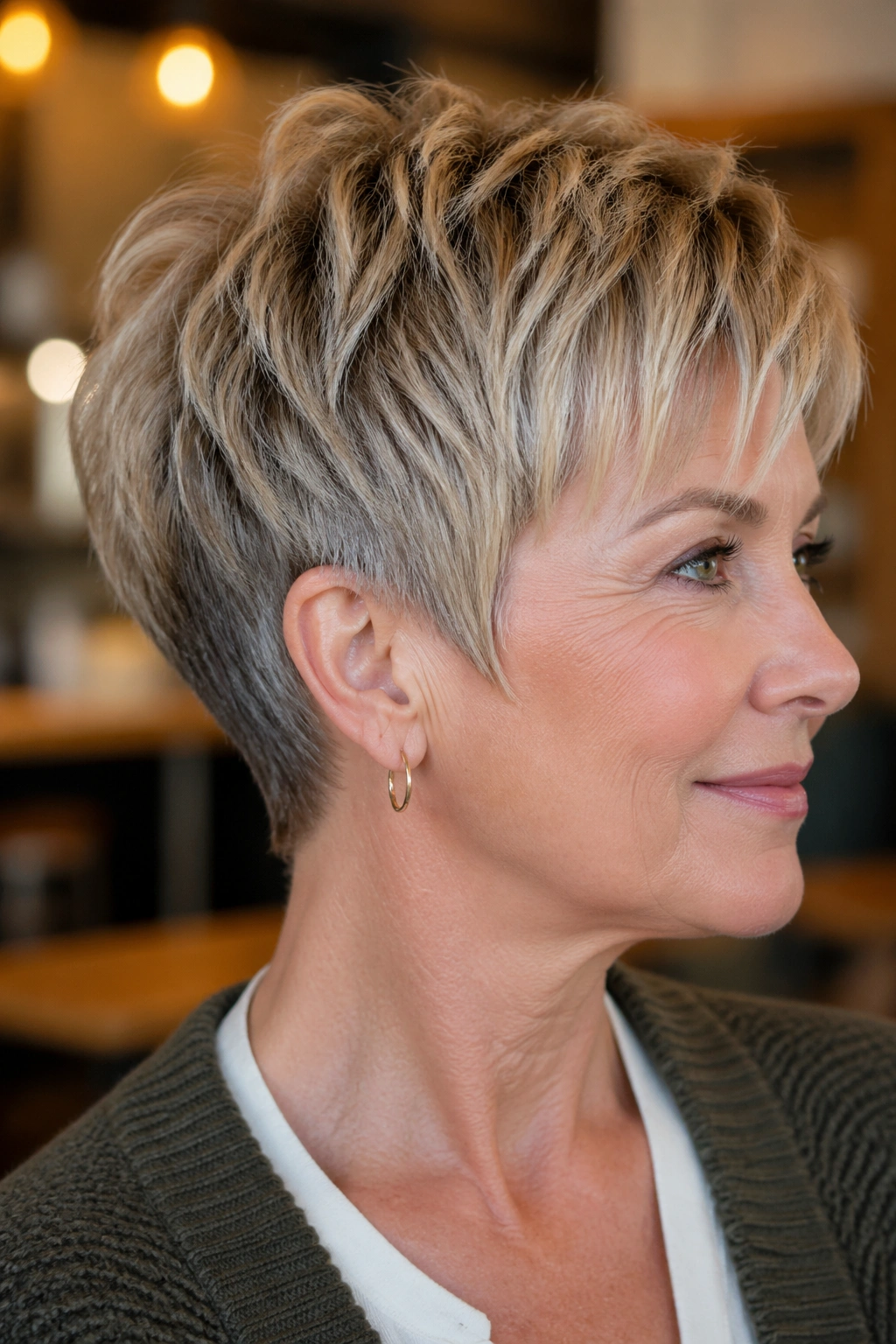 Close-up of a 60+ woman with a choppy pixie and tapered nape.
