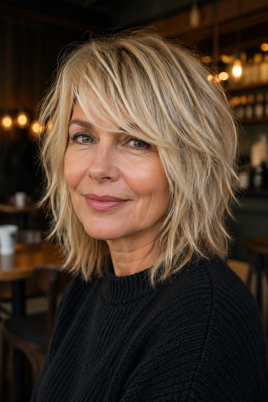 Real woman with choppy razor cut and side fringe.