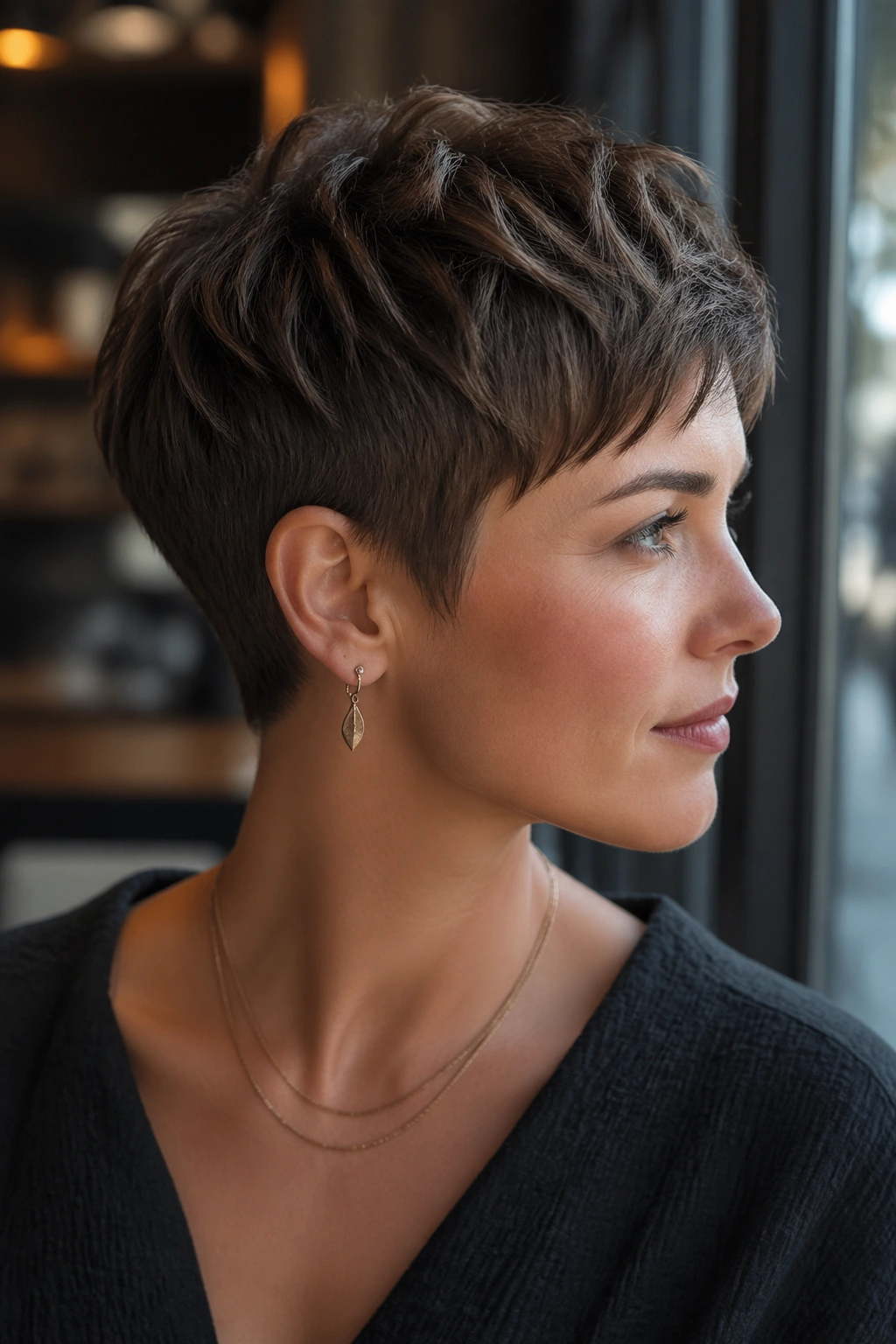 Close-up of a real woman with a choppy tapered pixie and textured top