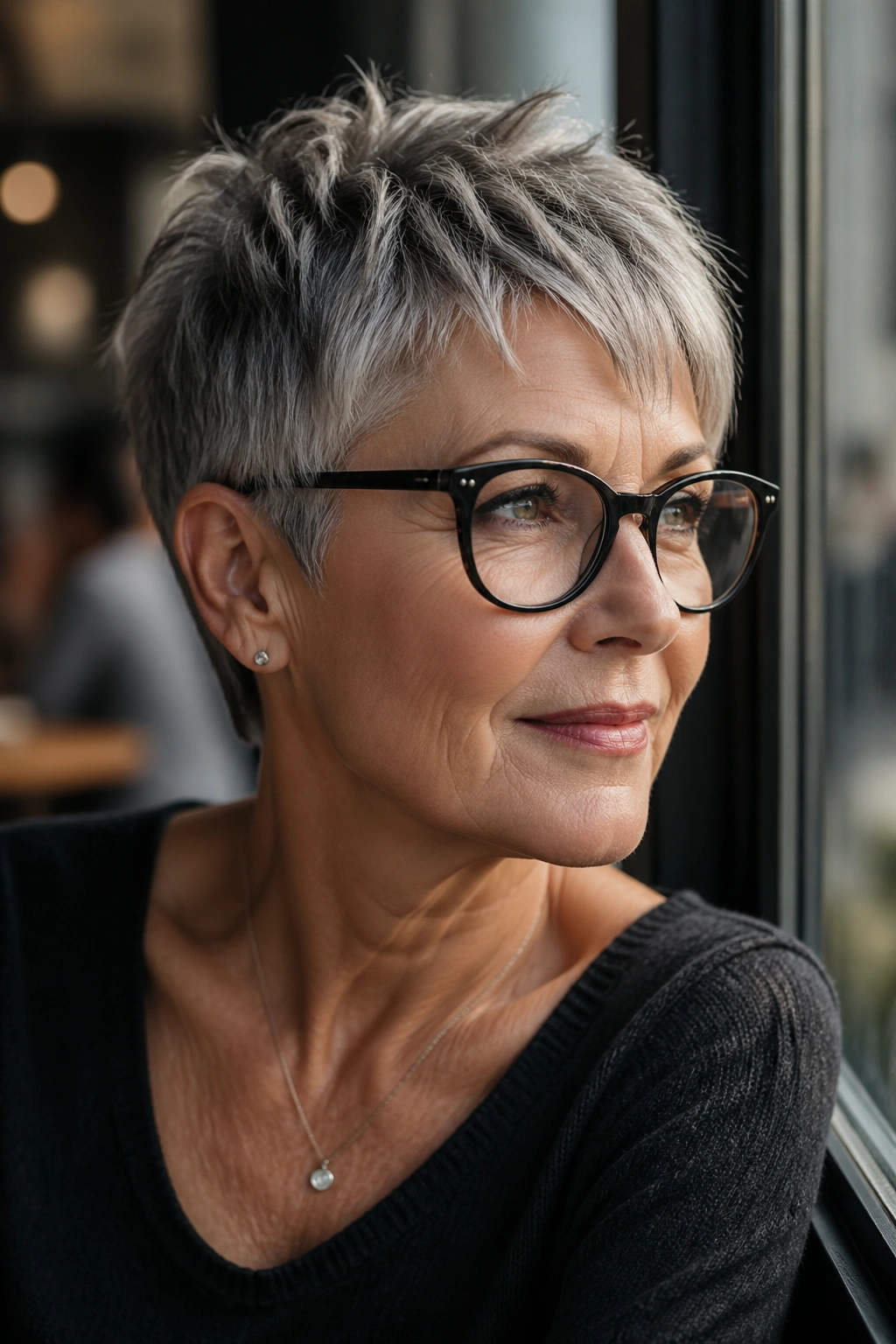 Real woman over 50 with choppy textured pixie hairstyle
