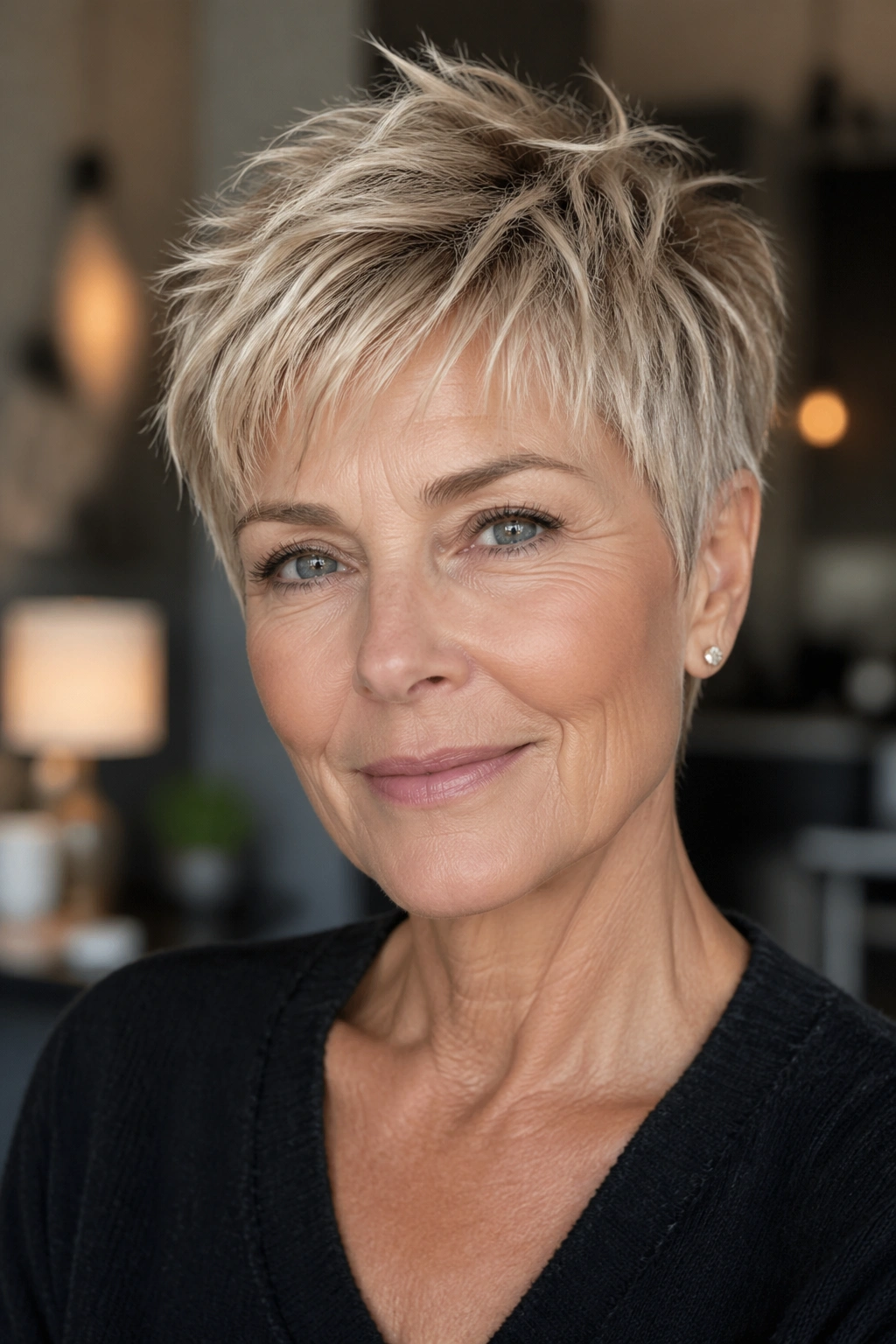Close-up of real woman with choppy textured pixie in an urban interior