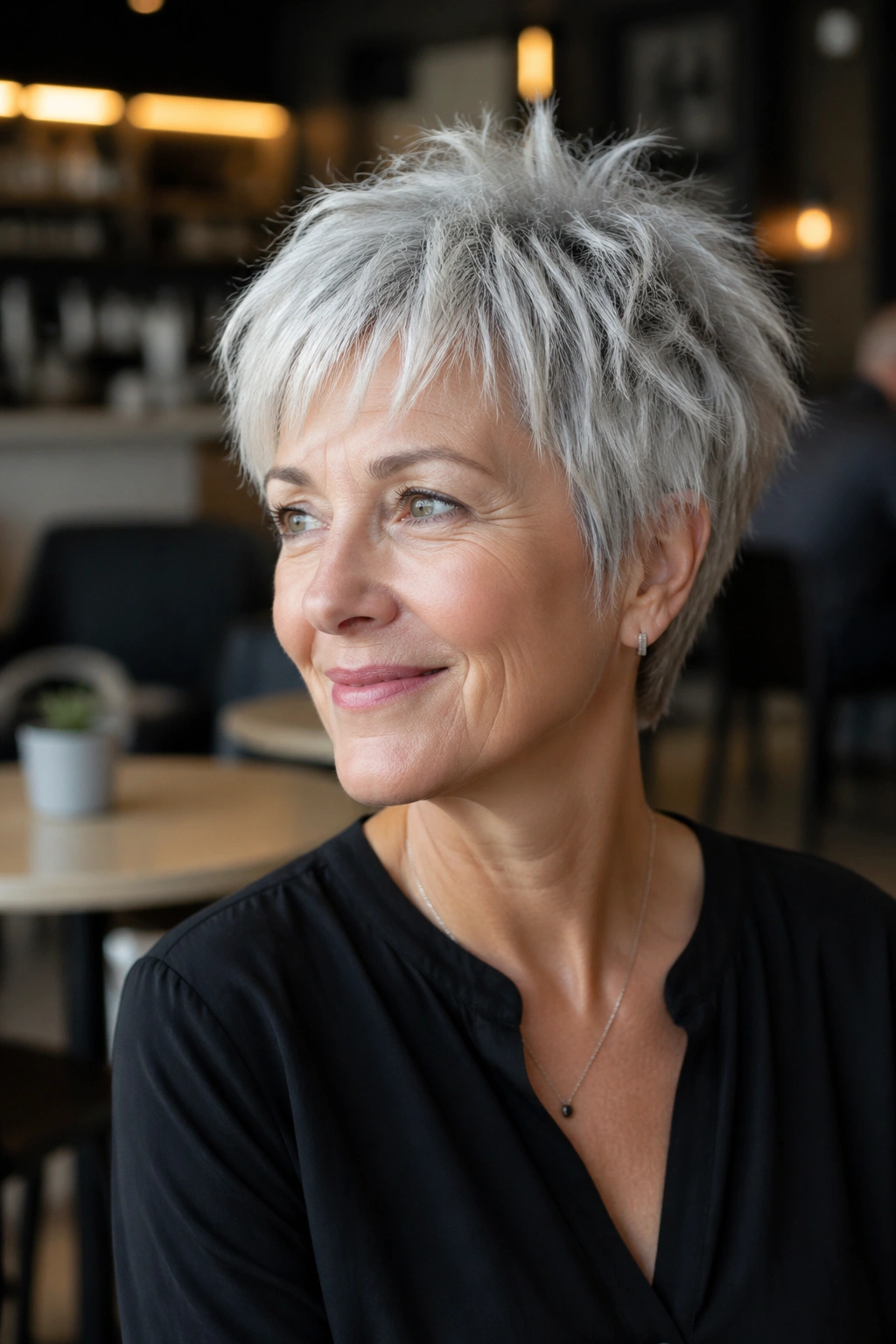 Portrait of a woman with a choppy textured pixie.