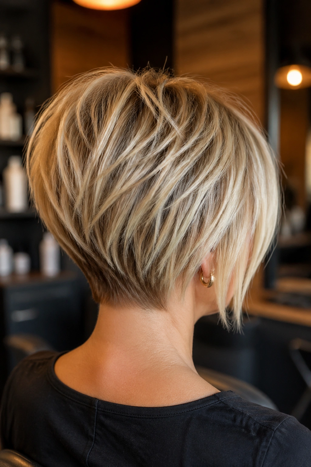 Back-of-head portrait of a real woman with choppy wedge cut and lifted nape in blonde