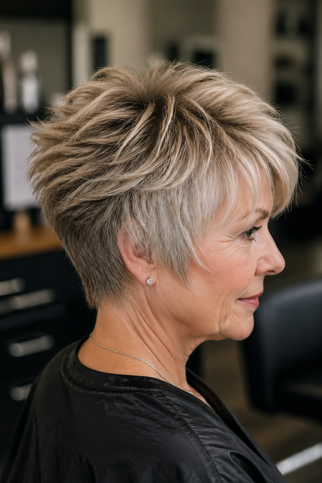 Close-up of a real woman with a choppy wedge haircut showing lift and texture