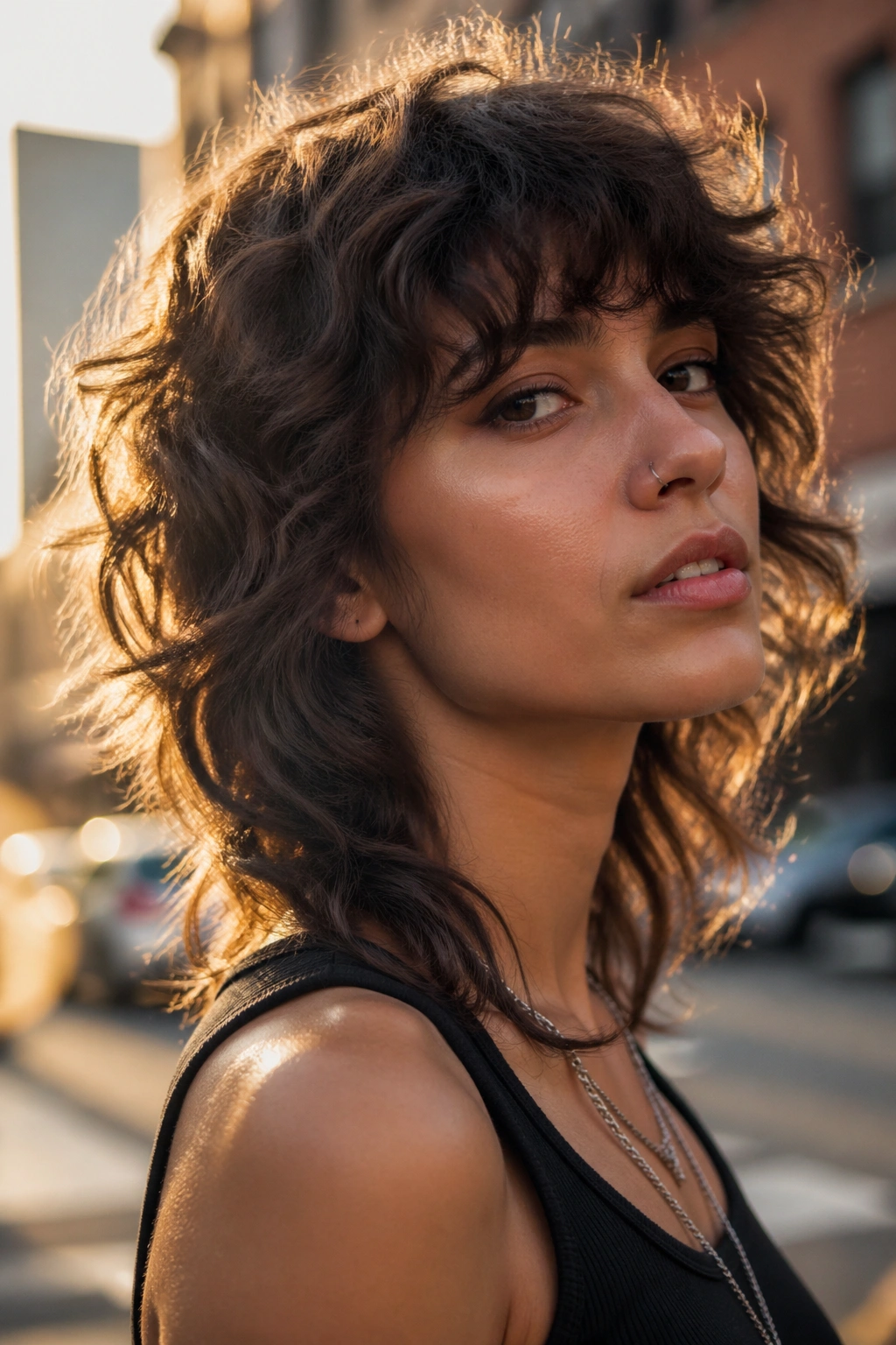 Close-up of a person with a choppy wolf cut hairstyle on a city street at golden hour