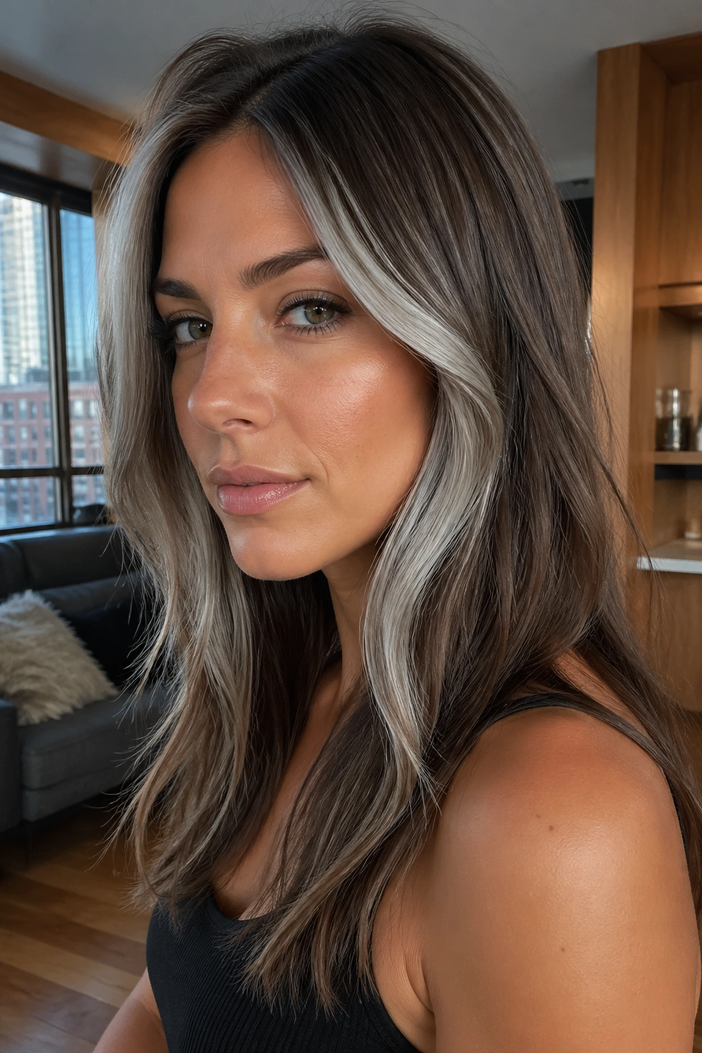 Close-up portrait of a real woman with chrome silver face frame.