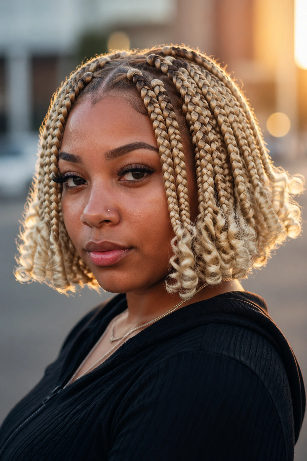Close-up of a real woman with chunky blonde short box braids and fluffy curly tips.