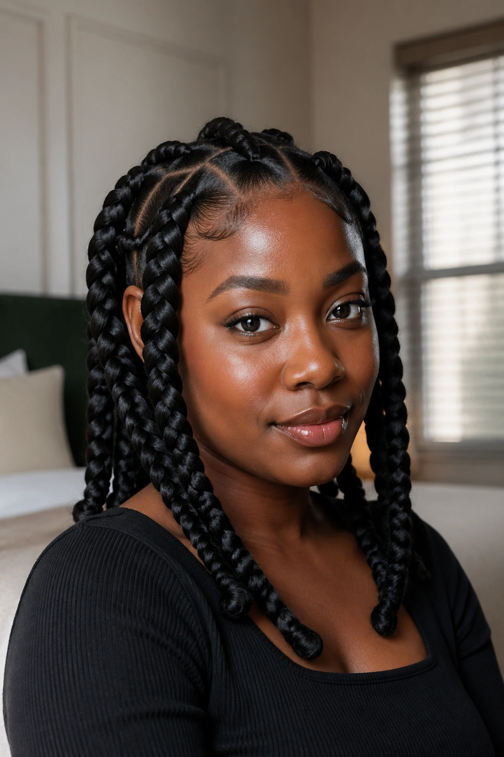 Close-up portrait of a real person with chunky braids across the scalp.