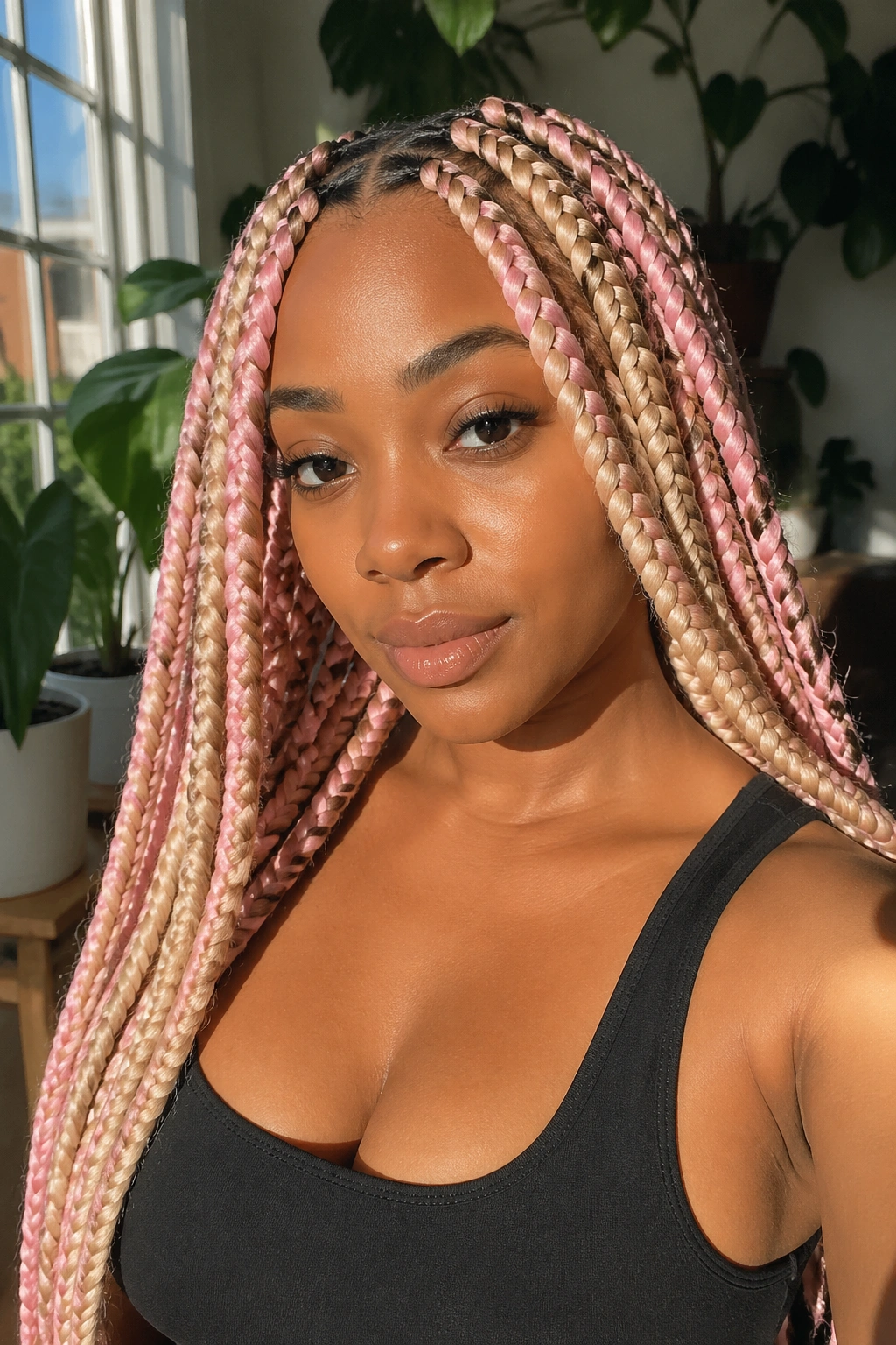 Close-up of chunky blonde and pink knotless braids with a loose center part on a real woman.