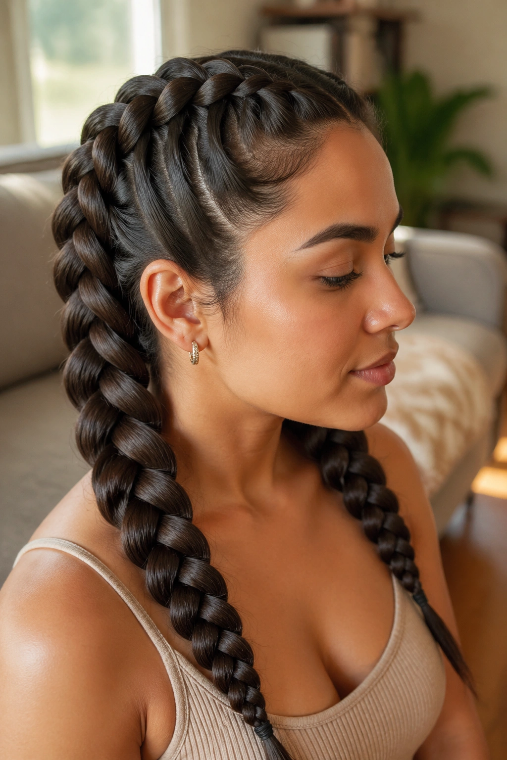 Real woman with chunky Dutch braids on thick hair