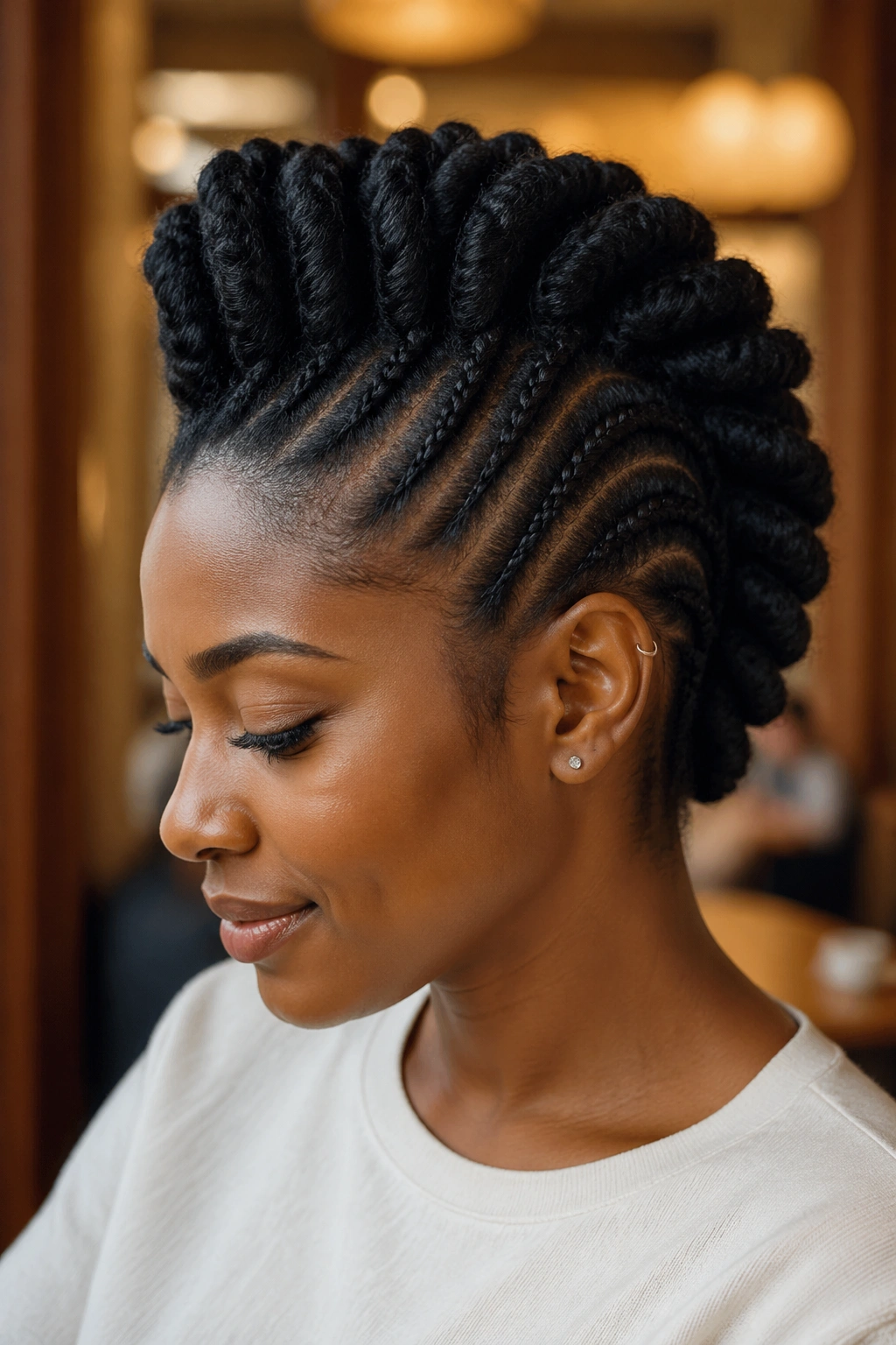 Portrait of person with chunky flat-twist mohawk braids.