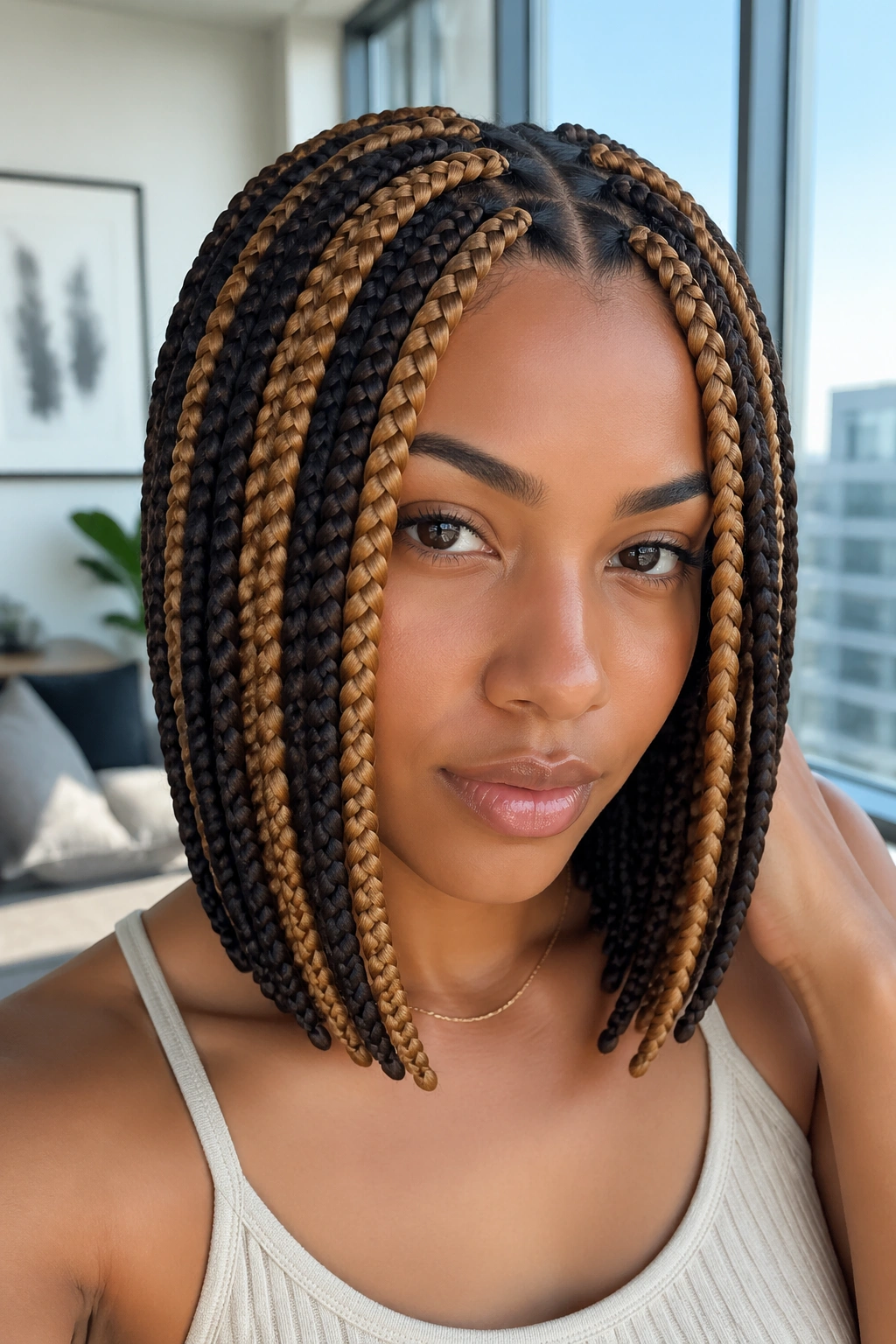 Close-up of a real woman with chunky highlight panels in braids.