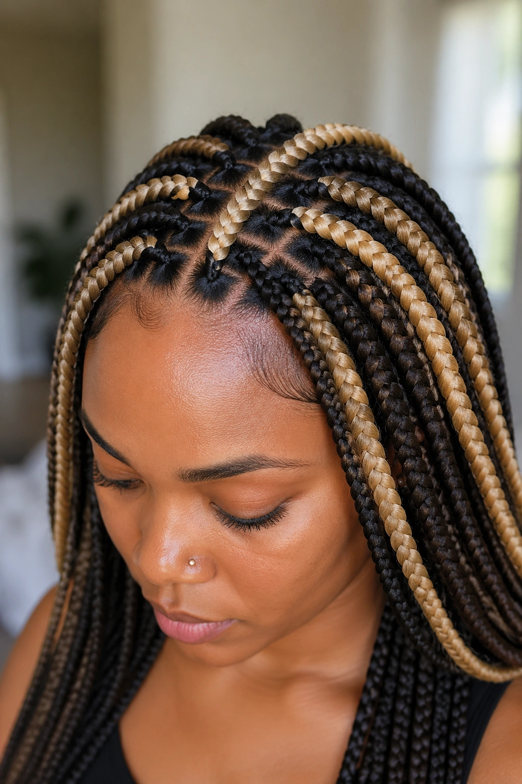 Knotless box braids with chunky highlight panels at the crown