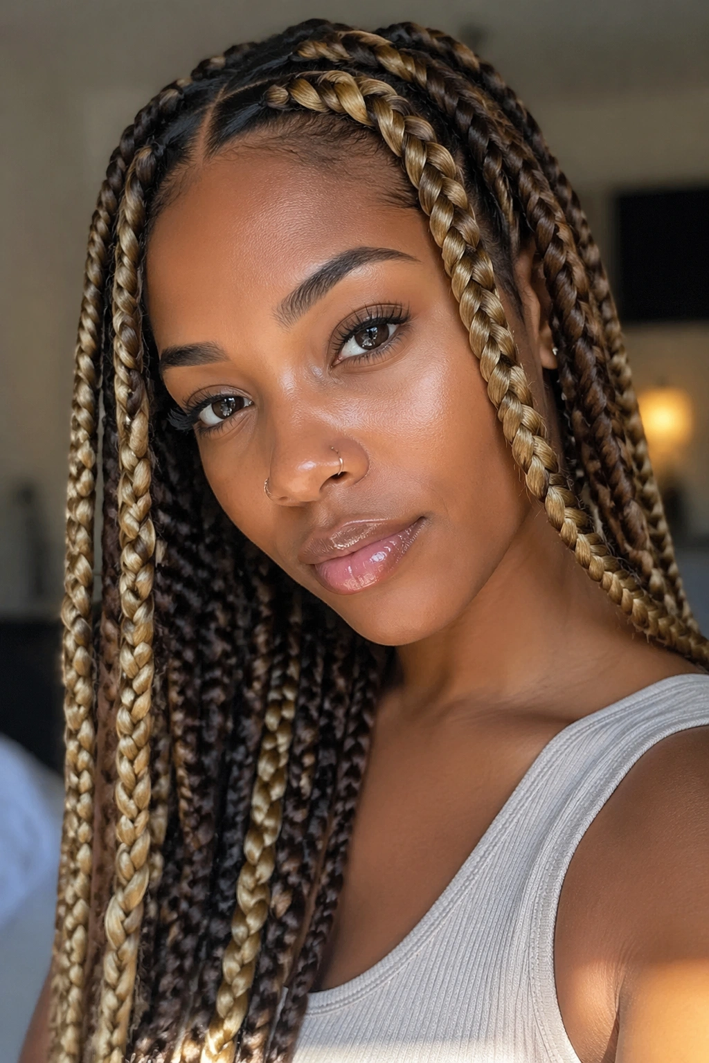 Close-up of chunky knotless braids with blonde ribbons on brown base