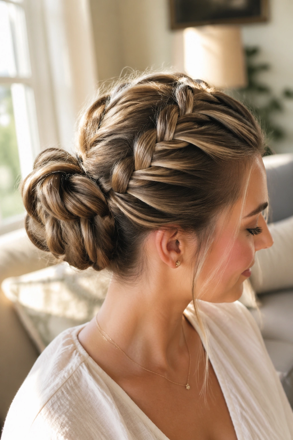 Real woman with chunky pancake French braid bun dominating the frame