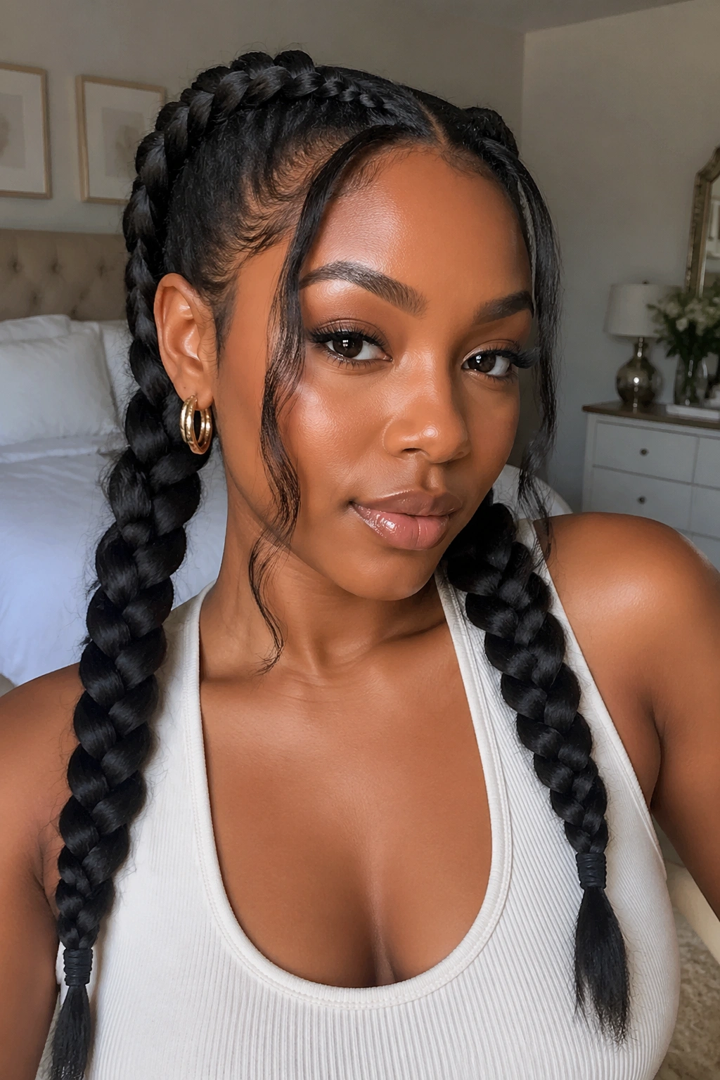 Real woman with chunky pigtail braids and soft face-framing pieces near cheeks