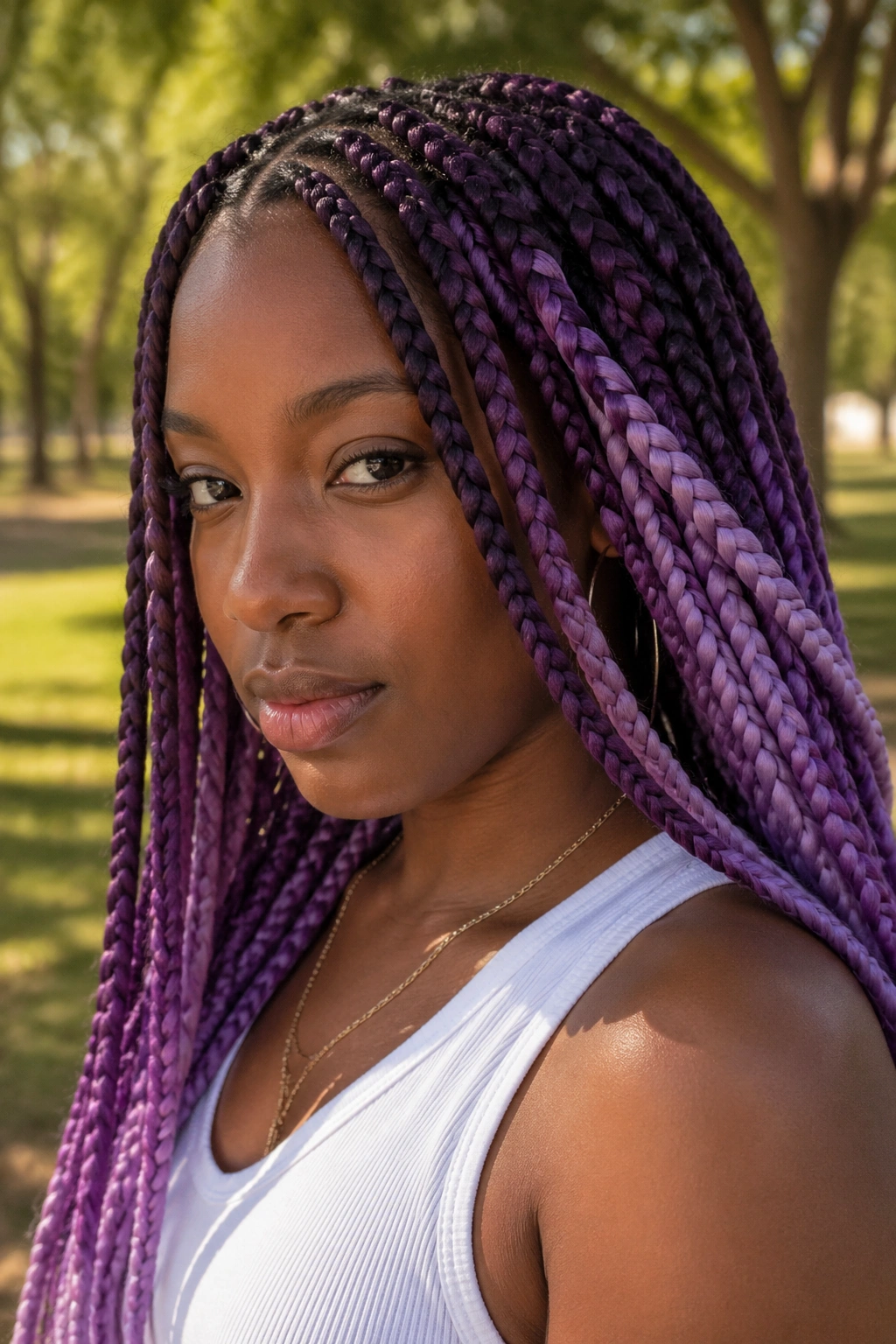 Real person with chunky multi-tone purple braids in plum, orchid, and lavender
