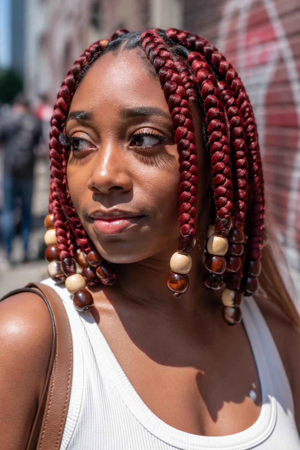 Close-up of chunky red box braids with oversized beads on a real person